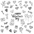 Hand drawn with ink and brush sketchy doodle Valentine`s day collection set with modern lettering Royalty Free Stock Photo