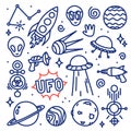 Hand drawn ink cartoon Alien space vector set