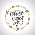 hand drawn ink Christmas wreath with bump, fir branches, Christmas decorations. design for adults, poster, print sketch vector Royalty Free Stock Photo