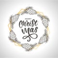 hand drawn ink Christmas wreath with bump, fir branches, Christmas decorations. design for adults, poster, print sketch vector Royalty Free Stock Photo