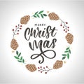 hand drawn ink Christmas wreath with bump, fir branches, Christmas decorations. design for adults, poster, print sketch vector Royalty Free Stock Photo