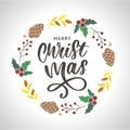 hand drawn ink Christmas wreath with bump, fir branches, Christmas decorations. design for adults, poster, print sketch vector Royalty Free Stock Photo