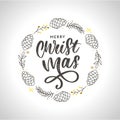 hand drawn ink Christmas wreath with bump, fir branches, Christmas decorations. design for adults, poster, print sketch vector Royalty Free Stock Photo