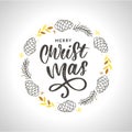 hand drawn ink Christmas wreath with bump, fir branches, Christmas decorations. design for adults, poster, print sketch vector Royalty Free Stock Photo