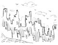 Hand drawn ink city architecture on white isolated background. Suburb skyline one line drawing sketch. Doodle cityscape old town. Royalty Free Stock Photo