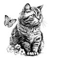 hand drawn ink doodle cat and flowers on white background. Royalty Free Stock Photo