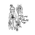 Hand drawn ink doodle crazy plant lady funny character with potted house plants around. I was normal 3 plants ago hand