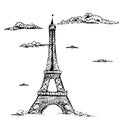 Hand drawn ink doodle Eiffel tower on white background.