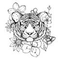 Hand drawn ink doodle tiger and flowers on white background. Vector. Elements in graphic style label, card, sticker