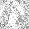 Hand drawn ink doodle zebra and giraffe and flowers on white background. design for adults, poster, print, t-shirt Royalty Free Stock Photo