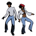 Hand drawn ink drawings of young people wearing retro 70s style clothes dancing soul music or disco dance, isolated on white