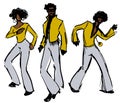 Hand drawn ink drawings of young people wearing retro 70s style clothes dancing soul music or disco dance, isolated on white