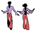 Hand drawn ink drawings of young people wearing retro 70s style clothes dancing soul music or disco dance, isolated on white