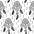 Hand-drawn with ink dreamcatcher with feathers, arrows. Seamless pattern. Royalty Free Stock Photo