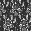 Hand-drawn with ink dreamcatcher with feathers, arrows. Seamless pattern. Royalty Free Stock Photo