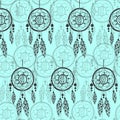 Hand-drawn with ink dreamcatcher with feathers, arrows. Seamless pattern. Royalty Free Stock Photo