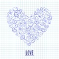 Hand drawn ink hearts on a notebook piece of paper. Valentines day illustration for a love card or invitation.