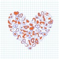Hand drawn ink hearts on a notebook piece of paper. Valentines day vector illustration for a love card or invitation.