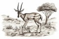 Hand drawn ink illustration of an antilope in its natural habitat. Generative AI