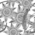 Hand drawn with ink seamless pattern background with abstract doodles, flowers, leaves. Royalty Free Stock Photo