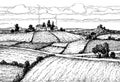 Hand drawn ink sketch rural landscape. Royalty Free Stock Photo