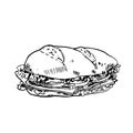 Hand drawn in ink sketch sub sandwich. Vector black and white vintage illustration. Isolated object on white background