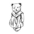 A Hand-drawn Ink Sketch Of A Vintage Teddy Bear Girl. Outline On A White Background