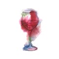 Hand drawn ink sketch of wine glasses with red watercolor stains. Illustration for food and drink background or package label.