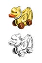 A hand-drawn ink sketch of  a wooden toy duck on wheels. Outline vintage vector illustration. Royalty Free Stock Photo