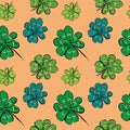 Hand drawn ink style black and white four leaves lucky clover seamless pattern vector illustration. Saint Patrick`s day