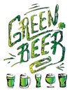 Hand drawn ink style isolated lettering vector green beer and glasses. Saint Patrick day celebration or craft draft beer