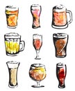 Hand drawn ink style watercolor illustration: beer glasses collection set. For Oktoberfest, Saint Patrick draft craft