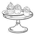 Hand drawn ink vector. Ink. Composition three unique muffins on a stand and plate. Delicious cupcakes for a breakfast or