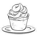 Hand-drawn ink vector. Delicious muffin topped with freshly whipped cream on a porcelain plate. for breakfast brunch or dessert.