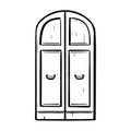 Hand-drawn ink vector. Italian wooden door with elegant wrought iron handles. Facade ornamentation. Closed entrance. Double oak
