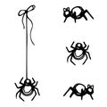 Hand drawn ink vector spiders with spiderweb and bows. Sketch illustration art for Halloween, horror, farming. Isolated