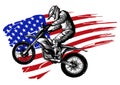 Hand drawn and inked American motocross motorcycle with american flag