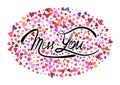 Hand drawn inspiration Miss you on colorful hearts background. Retro romantic lettering. Royalty Free Stock Photo