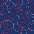 Hand-Drawn Intertwining Nautical Rope, Chains Vector Seamless Pattern. Red and Blue Marine Background