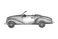 Hand drawn invented retro car. Black pencil drawing on white background. Cabriolet, gig sport car.