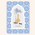 Hand drawn invitation for iftar dinner with teapot, tea cups, date fruit plate. Blue ornamental Moroccan pattern, arabic