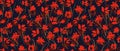 Hand Drawn Irregular Floral Seamless Vector Pattern with Red Flowers on a Dark Royal Blue Background.