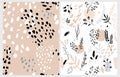 Hand Drawn Irregular Floral Vector Patterns with White Sketched Twigs and Flowers. Royalty Free Stock Photo
