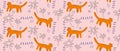 Hand Drawn Irregular Jungle Seamless Pattern with Tigers and Palms. Royalty Free Stock Photo