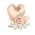 Hand drawn isolated neutral color heart with watercolor soft pink and beige colors peony and roses flowers, arrow and leaves.