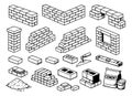 Hand drawn isometric line art construction set featuring various brick walls, blocks, building materials, and tools for Royalty Free Stock Photo