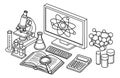 Hand drawn isometric line art science education set featuring a microscope, computer, molecular model, book, and lab Royalty Free Stock Photo