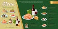 Hand drawn italian food menu concept with bottle of wine cakes mussels pasta spaghetti pizza piece salad lasagna vector Royalty Free Stock Photo