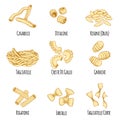Hand drawn italian pasta set. Different types of italian cuisine in sketch style with signs.