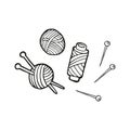 Hand drawn items for knitting and sewing. In doodle style, black outline isolated on a white background. Cute element for card, Royalty Free Stock Photo